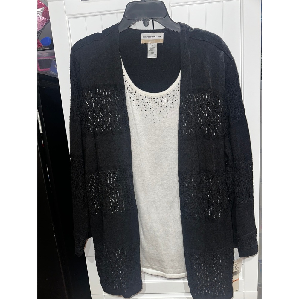 Alfred Dunner Woman 2X Black Cardigan White Rhinestone Tank 2pc Sweater Set NEW